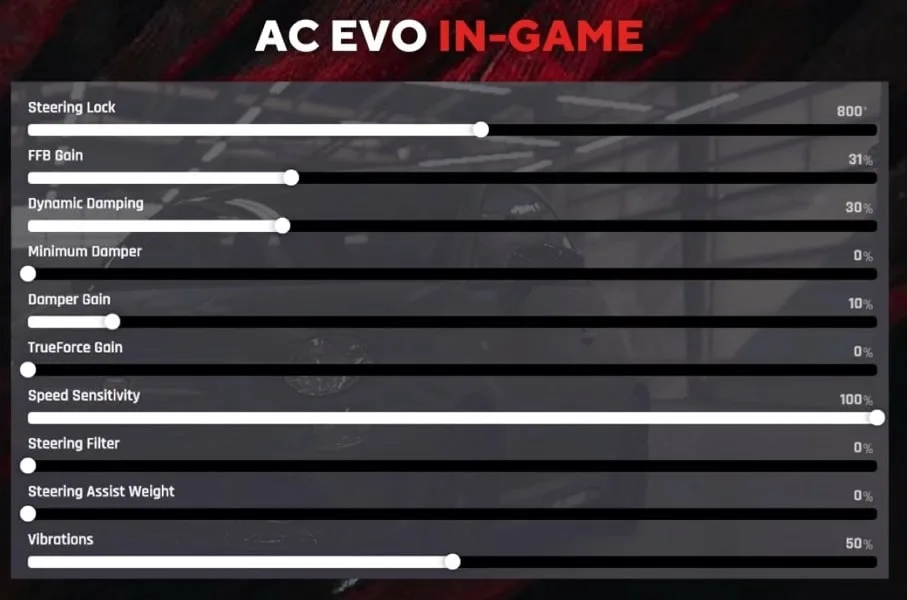 réglages AC EVO Asetek Simsports in game-min